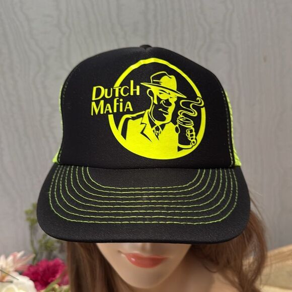 Dutch Bros Dutch Mafia Snap Back Mesh Cap Hat Unisex Neon Green Black OSFM - Picture 3 of 15